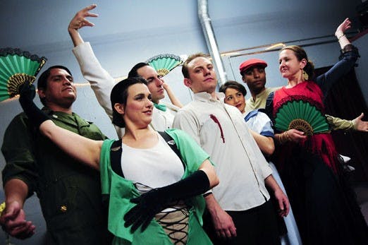The cast of "Lorca in a Green Dress" at the Vortex Theatre on Sunday.