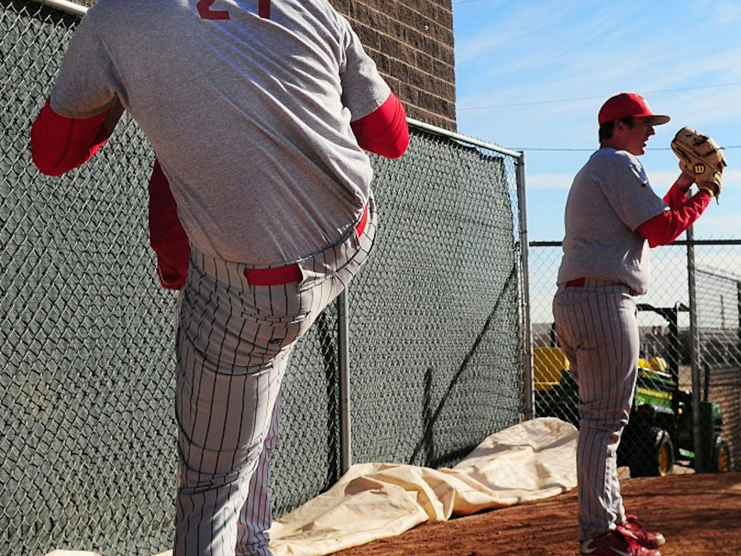 Rudy Jaramillo prepares to unload a baseball atop the mound on Tuesday at Lobo Field. UNM will rely heavily on its pitchers this season.