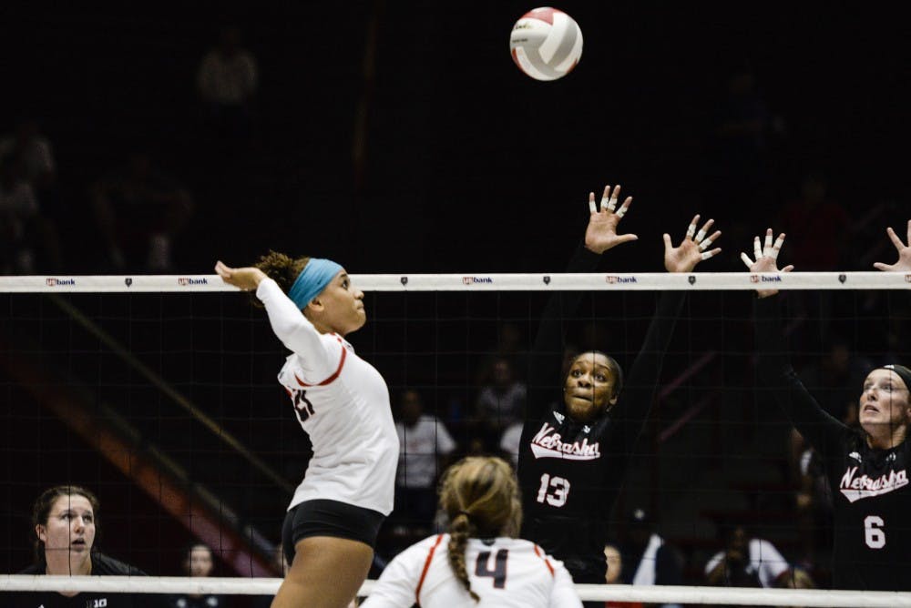 Redshirt sophomore middle blocker Mariessa Carrasco prepares for a kill against Nebraska University on Saturday, Sept. 10, 2016 at WisePies Arena. The Lobos will begin conference play against Air Force on Friday in Johnson Center.