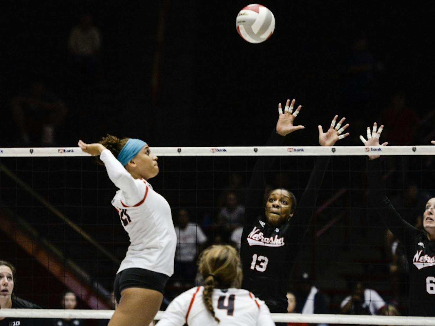 Redshirt sophomore middle blocker Mariessa Carrasco prepares for a kill against Nebraska University on Saturday, Sept. 10, 2016 at WisePies Arena. The Lobos will begin conference play against Air Force on Friday in Johnson Center.