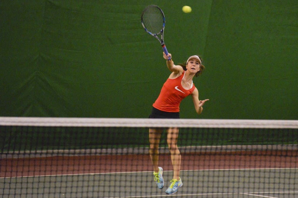 Sophomore Sharon Coone returns the ball down court against Northern Arizona Sunday, Jan. 31, 2016. The Lobos lost against Mississippie State 6-1 this past Saturday. 