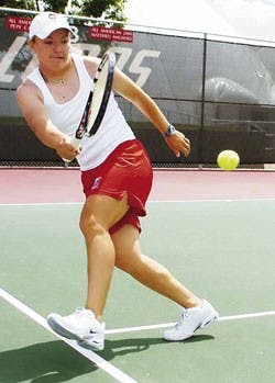 Former UNM tennis player Maja Kovacek returns the ball during a May 5 practice at the UNM Tennis Complex. Kovacek was named the Mountain West Conference Female Student Athlete of the Year on June 29.