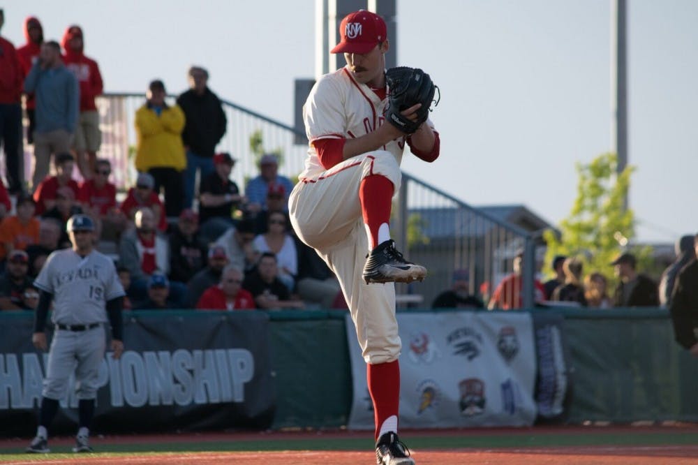Red shirt senior Colton Thimpson&nbsp;pitches against a&nbsp;Nevada batter Thursday afternoon at Sanra Ana Star Field. In the Lobos first game of the Mountain West Championship, they beat Nevada 3-0.&nbsp;