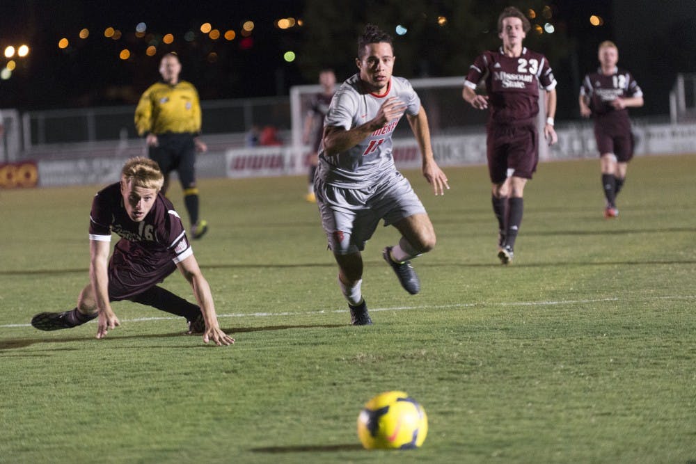 New Mexico midfielder Niko Hansen attacks the ball during the game against Missouri State on Oct. 12. The No. 5 seed Lobos will face Conference USA tournament host No. 4 seed Old Dominion today for quarterfinal action.