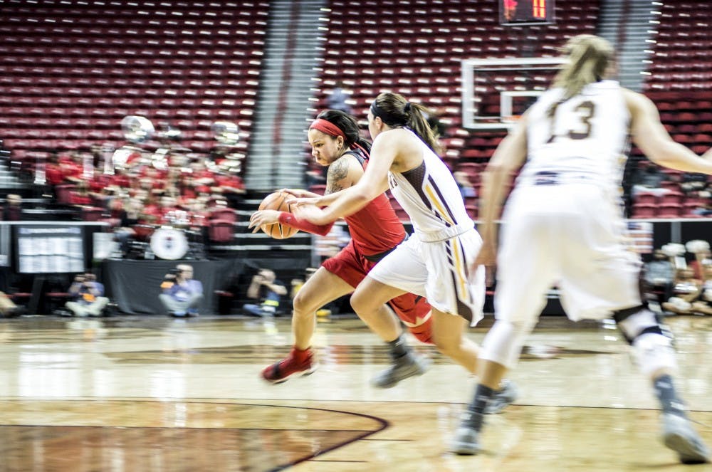 Cherise Beynon drives past Taylor Rusk during the second half of Tuesday night's game against Wyoming at Thomas & Mack Arena in Las Vegas, Nevada. The Lobos lost 66-69.
