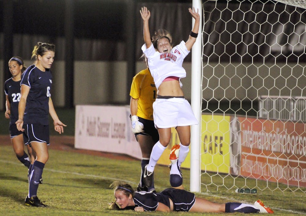 	Shelbie Luna celebrates after scoring a goal during Wednesday’s game at the UNM Soccer Complex. UNM defeated University of Northern Colorado 3-1.