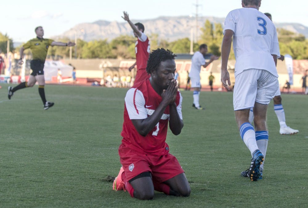	New Mexico forward James Rogers reacts after a missed goal attempt during the game against UCLA on Sunday. The Lobos lost to the No. 1 Bruins 2-1.
