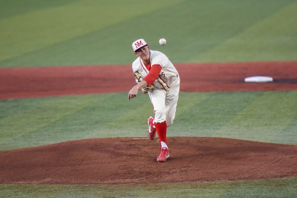 Senior Carson Schneider pitches against a Texas Tech batter Tuesday, April 25, 2017 at Santa Ana Star Field. The Lobos lost their second game in the series to Texas Tech Wednesday afternoon 27-15.&nbsp;
