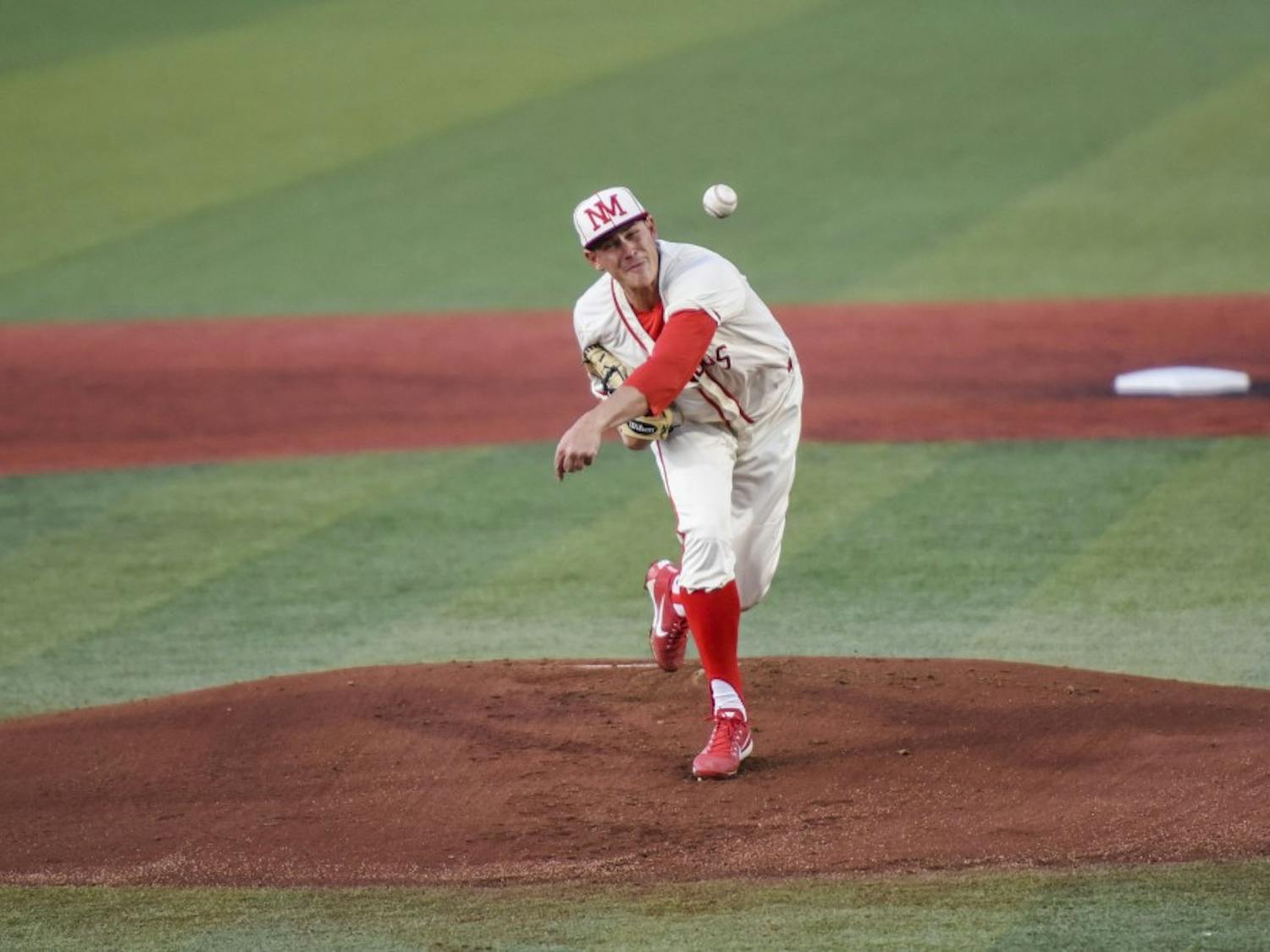 Senior Carson Schneider pitches against a Texas Tech batter Tuesday, April 25, 2017 at Santa Ana Star Field. The Lobos lost their second game in the series to Texas Tech Wednesday afternoon 27-15. 