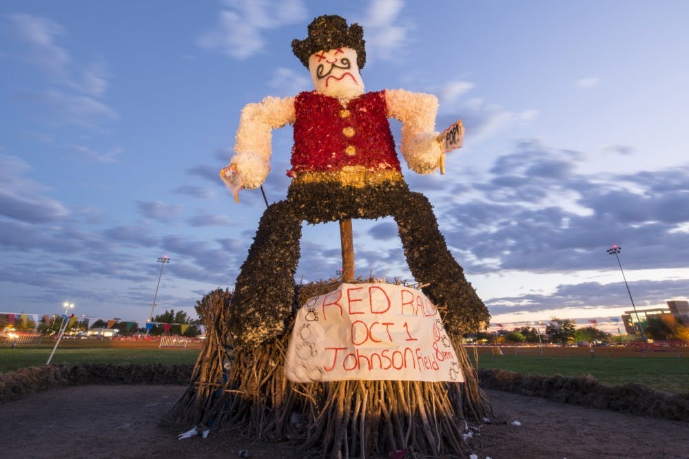 A New Mexico State Aggie sits at Johnson Field waiting to be burned for the annual Red Rally celebration. The rally offers students a chance to hear live music and watch the burning of the Aggie, NMSU’s mascot.