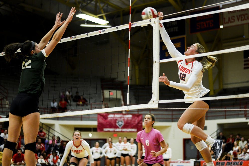 Senior outside hitter Cassie House attempts to score against Colorado State during their match Saturday, Oct. 6, 2016 at Johnson Center Gym. The Lobos will face off with Nevada this Wednesday at 7:30 in Reno, Nevada.&nbsp;