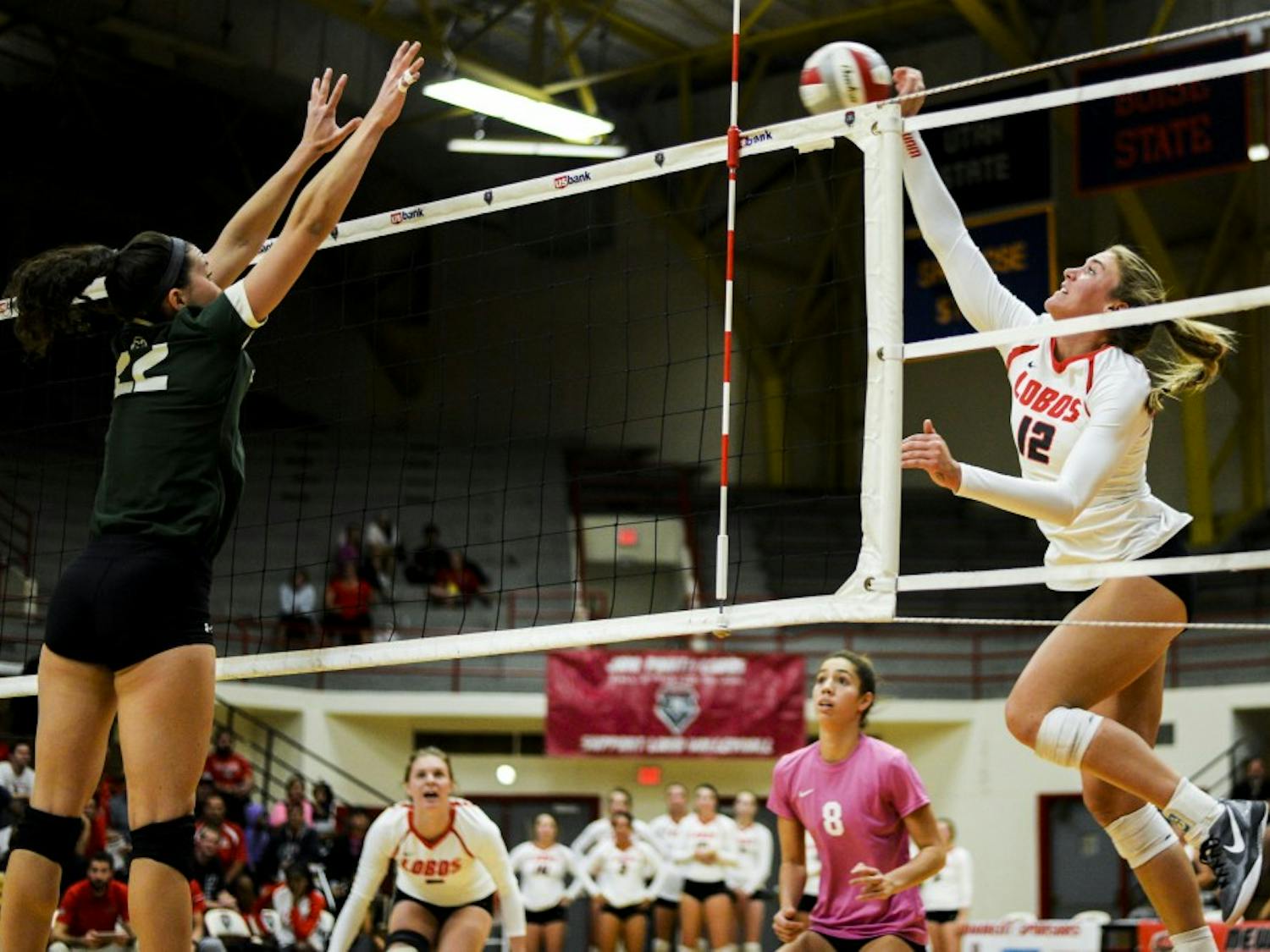 Senior outside hitter Cassie House attempts to score against Colorado State during their match Saturday, Oct. 6, 2016 at Johnson Center Gym. The Lobos will face off with Nevada this Wednesday at 7:30 in Reno, Nevada.&nbsp;