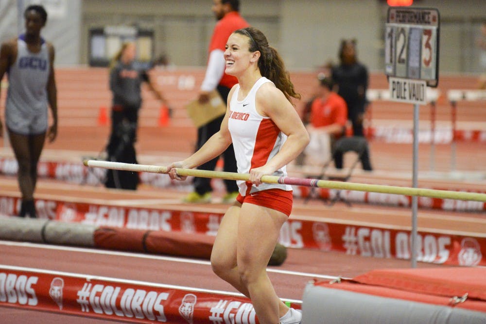 Anna Duvall reacts after clearing the bar in the pole vault during the New Mexico Classic and Multis on Saturday, Feb. 6, 2016. New Mexico track and field will be back in action this weekend for the Don Kirby Invitational at the Albuquerque Convention Center.