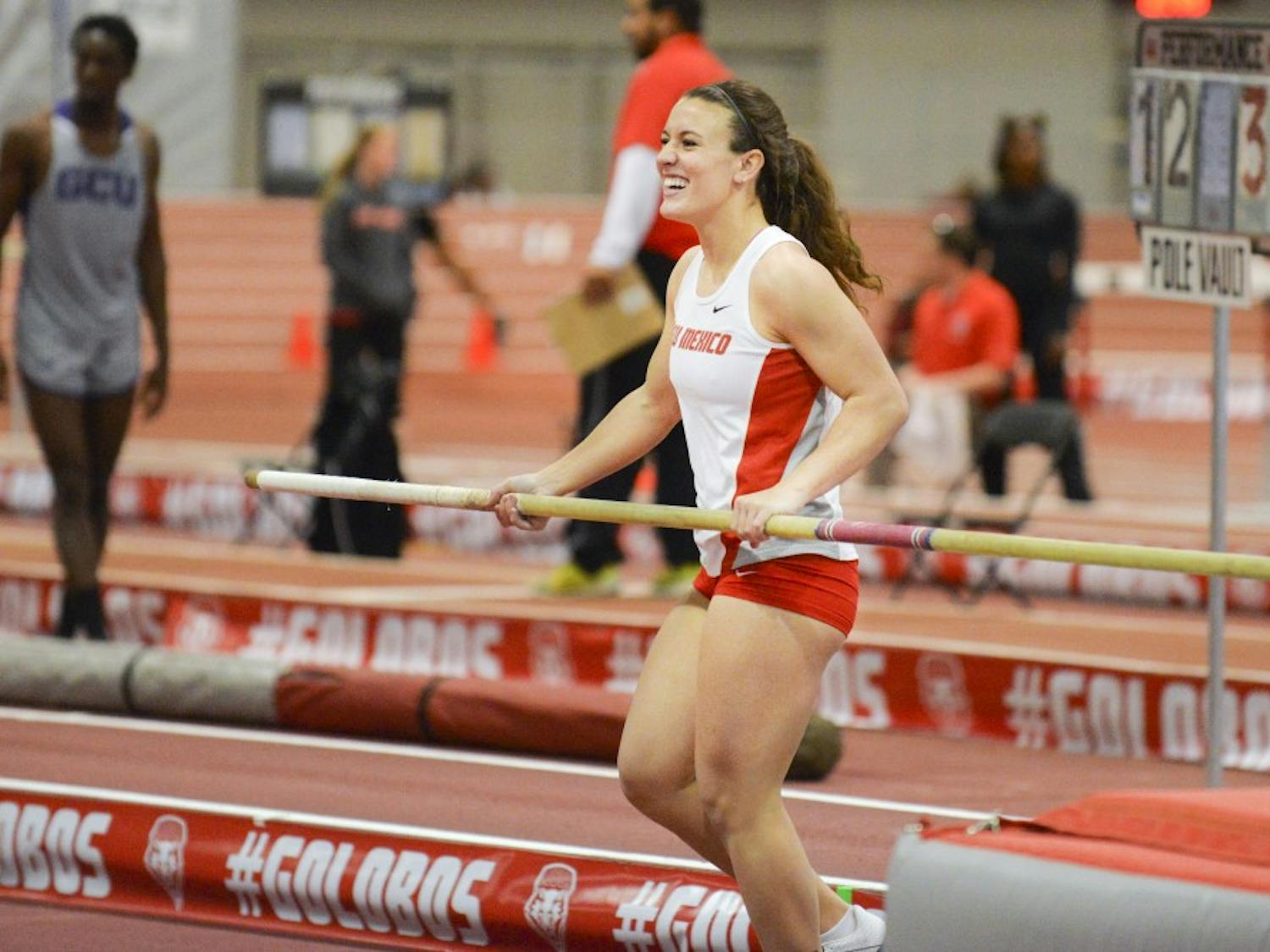 Anna Duvall reacts after clearing the bar in the pole vault during the New Mexico Classic and Multis on Saturday, Feb. 6, 2016. New Mexico track and field will be back in action this weekend for the Don Kirby Invitational at the Albuquerque Convention Center.