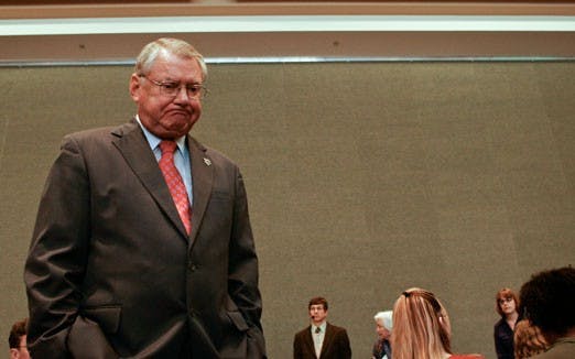 President David Schmidly prepares to answer a question during a forum on UNM's financial situation Friday in the SUB. 