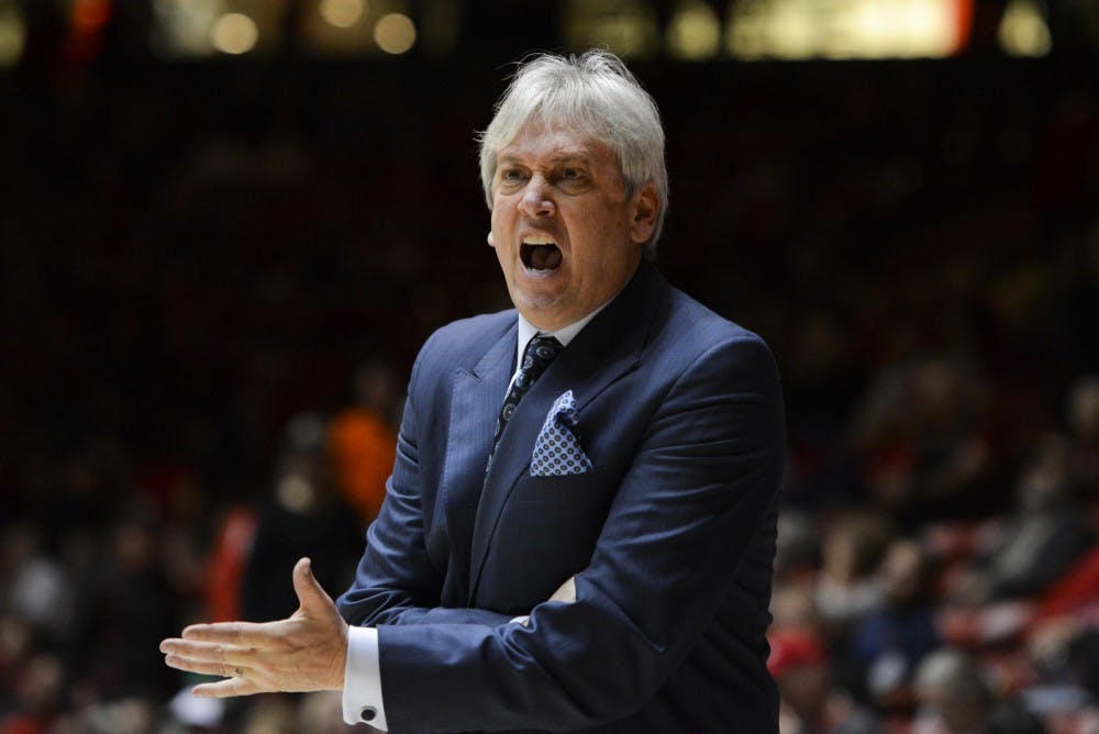 Head coach Craig Neal screams at a referee during the Lobos controversial game against Colorado State University Tuesday, Feb. 21, 2017 at WisePies Arena. The Lobos will be on the road and will face off with Wyoming this Saturday.&nbsp;