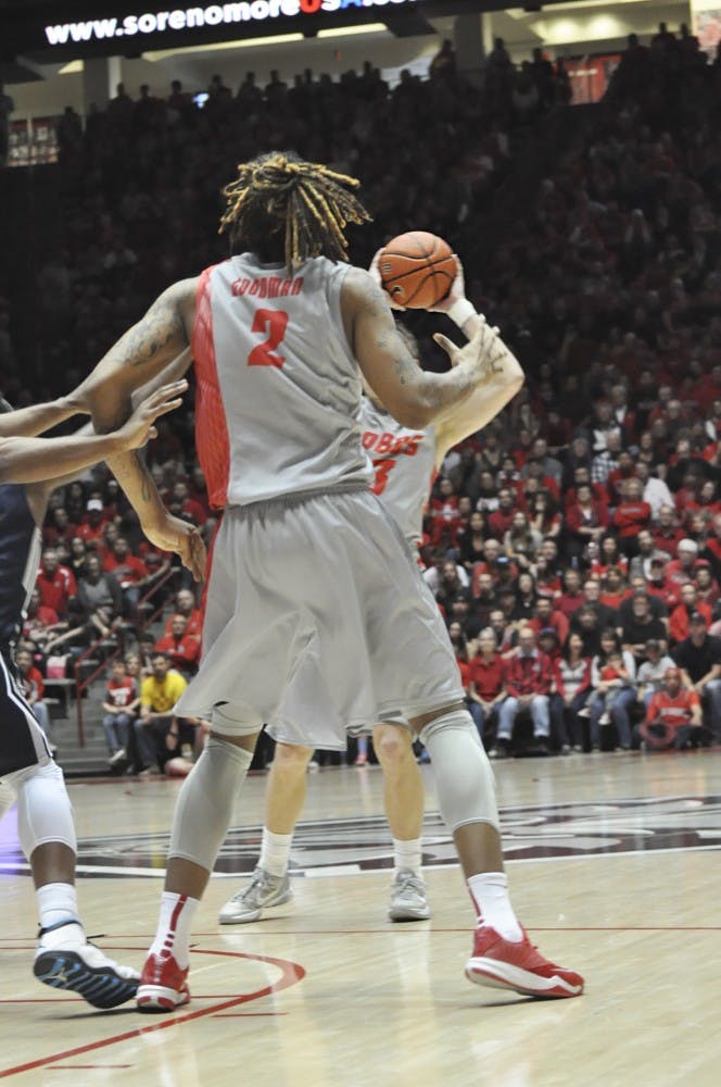 Jordan Goodman attempts to catch a pass during the Lobos match against Utah State on Feb. 7 at WisePies Arena. UNM announced Wednesday that Goodman will transfer from UNM to be closer to his hometown of Temple Hills, Maryland. 