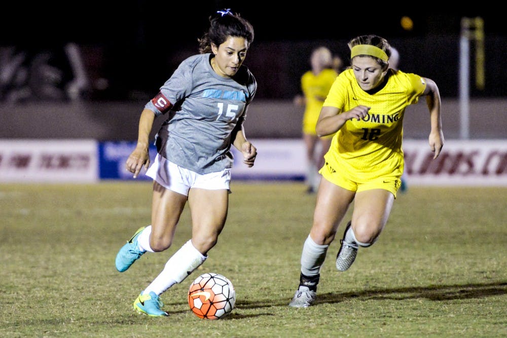 Senior defender Olivia Ferrier chases down the ball during the Lobos game against Wyoming at the UNM Soccer Complex Friday, Oct. 21, 2016. The Lobos defeated Colorado State while on road 1-0.&nbsp;