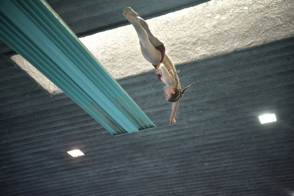 Freshman diver Madeline Horner flips through the air Saturday, Jan. 30, 2016 at the Seidler Natatorium. The Lobos competed in the Mountain West Championships this past week and placed seventh.