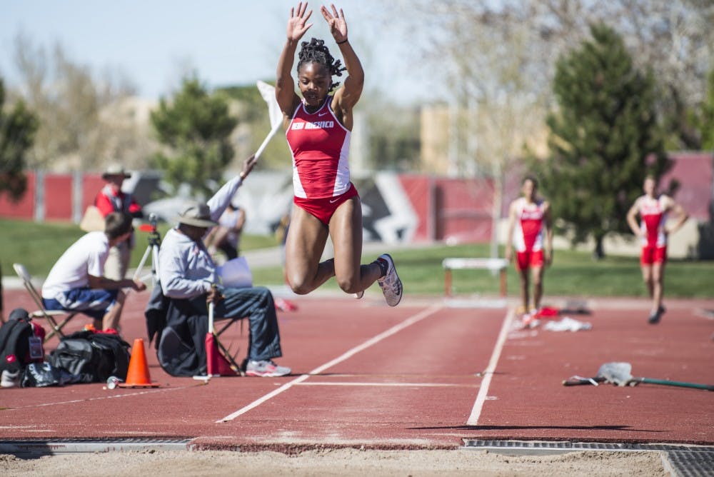 Junior jumper Jannell Hadnot leaps through the air during a field event Saturday April 2, 2016 at the G.F.O. UNM Track Stadium. The Lobos competed in the Bryan Clay Invitational this past weekend.&nbsp;