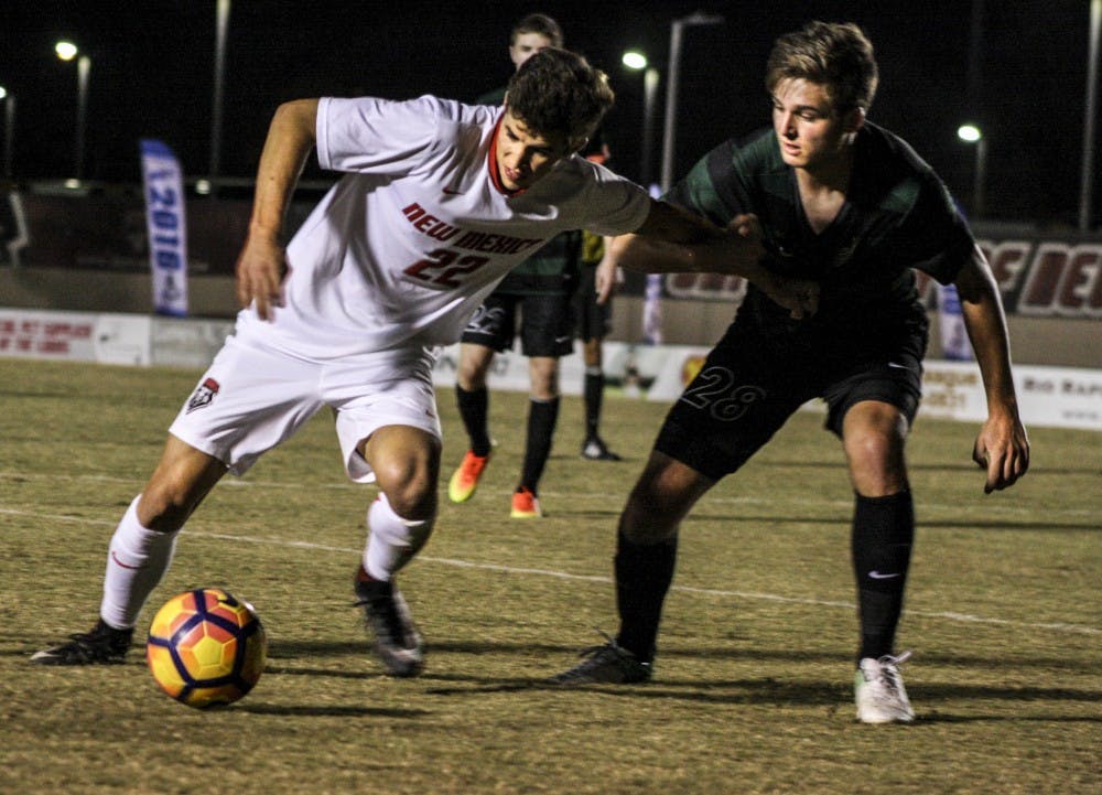 UNM senior Aaron Herrera defends the ball against a University of North Carolina at Charlotte on Oct. 28, 2017. The match ended in a 0-0 draw.