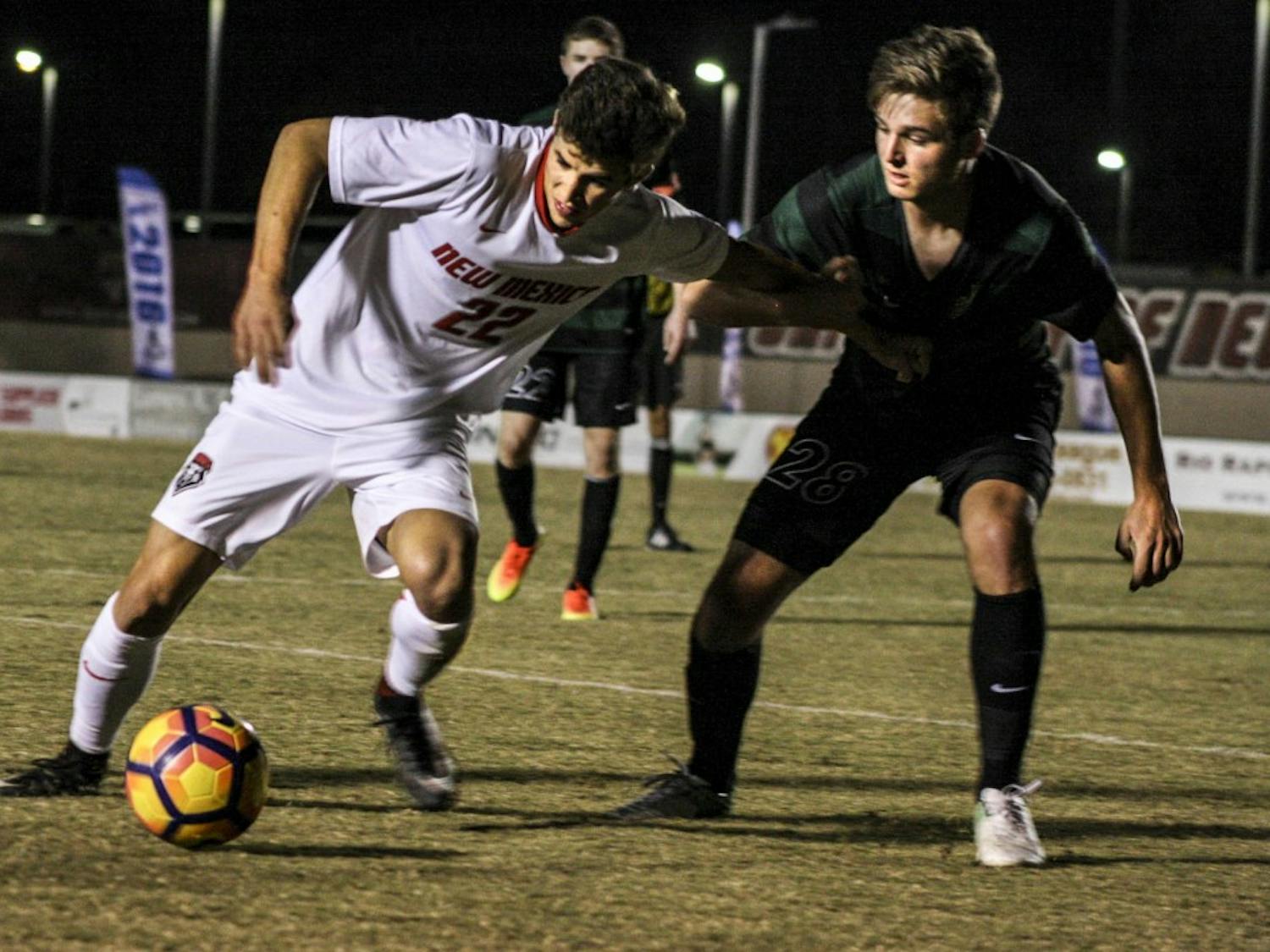UNM senior Aaron Herrera defends the ball against a University of North Carolina at Charlotte on Oct. 28, 2017. The match ended in a 0-0 draw.