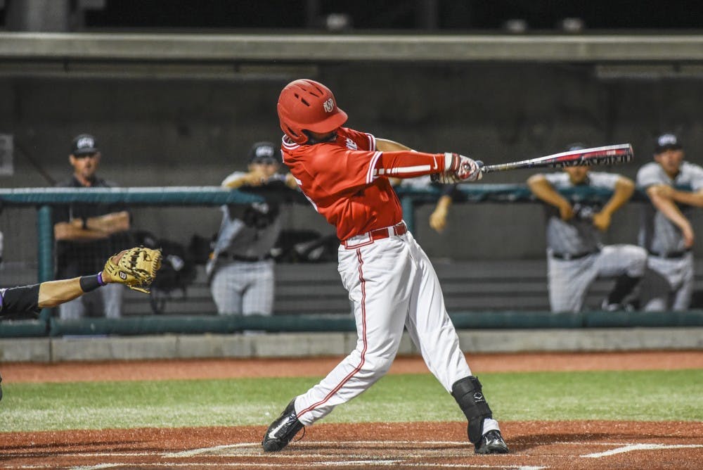 Andre Vigil swings at a pitch by a Grand Canyon University player on Tuesday, March 21, 2017 at Santa Ana Star Field. The Lobos are set to play UNLV this weekend.