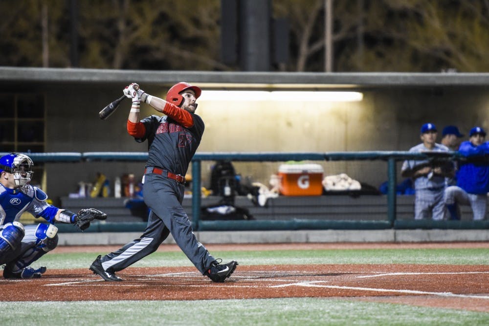 Junior Luis Gonzalez watches the ball fly out of the field after he hit a home run against San Jose State University Friday, March 10, 2017 at Santa Ana Star Field. 