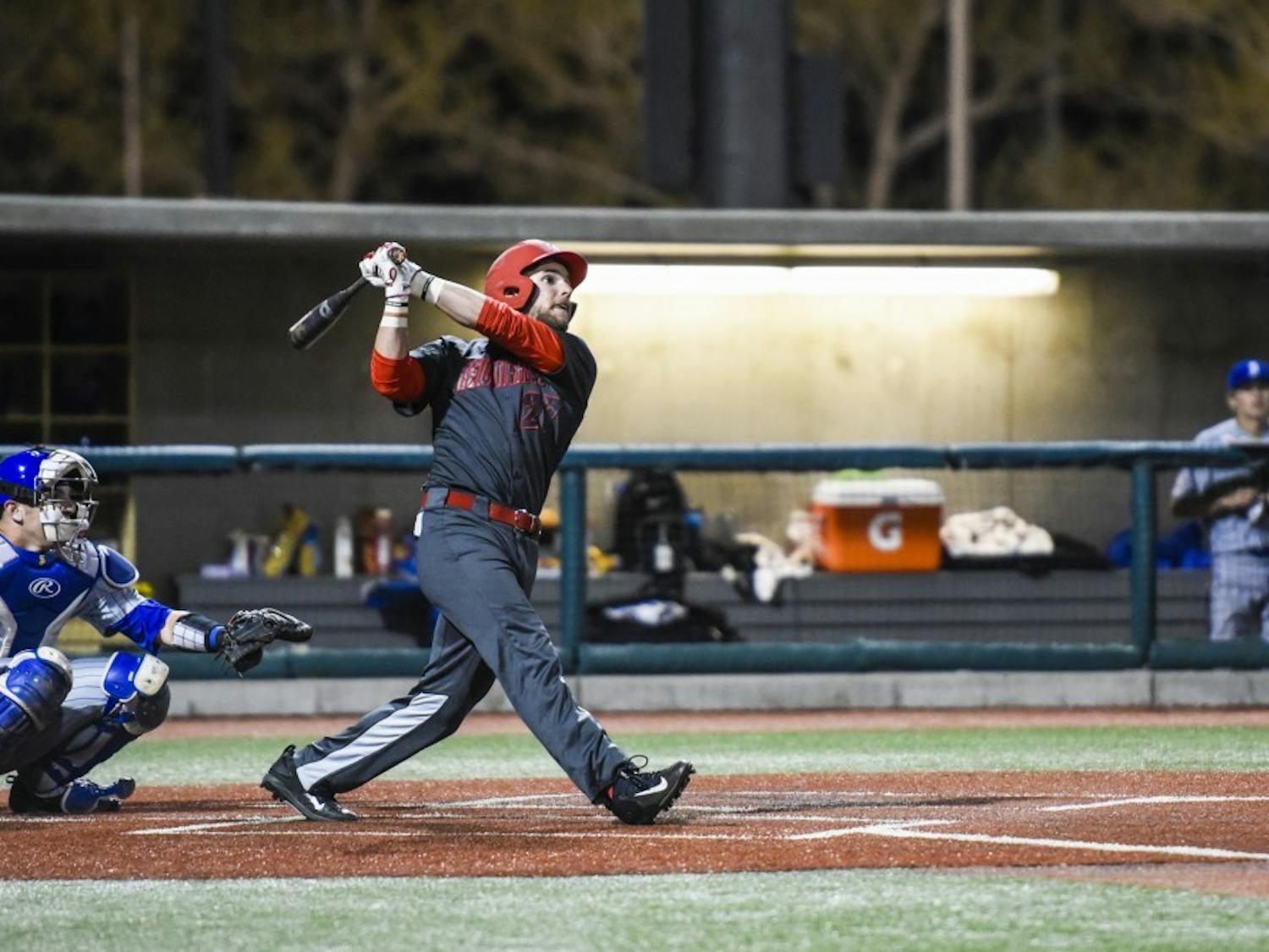 Junior Luis Gonzalez watches the ball fly out of the field after he hit a home run against San Jose State University Friday, March 10, 2017 at Santa Ana Star Field.