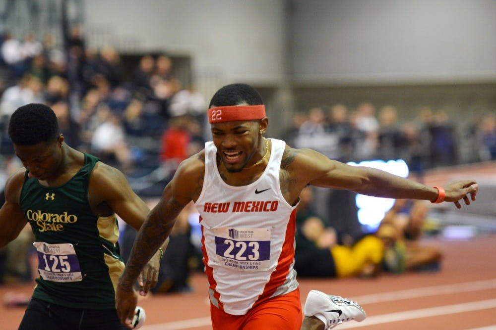 Senior sprinter Ridge Jones competes in the 60-meter dash Saturday afternoon during the Mountain West Championships at the Albuquerque Convention Center. Jones won the event with a time of 6.69 seconds while the Lobos placed fourth in the championship as a team.