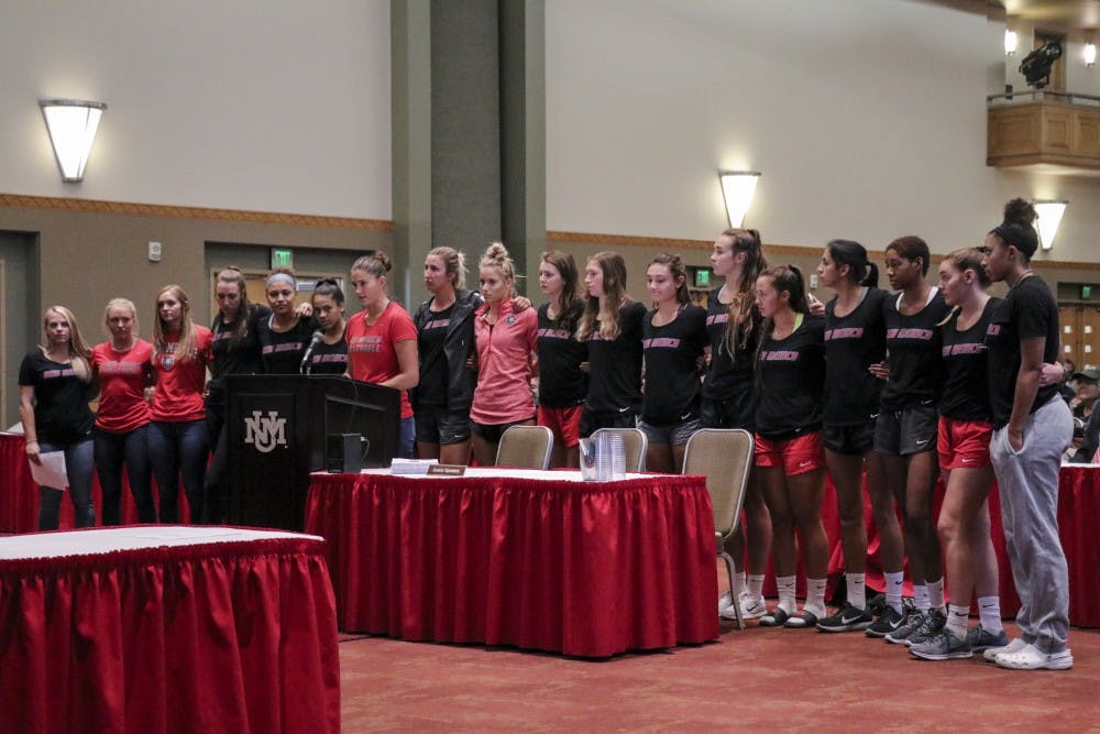 Women's volleyball player&nbsp;Abbey Willison&nbsp;addresses the Board of Regents at the special meeting Aug. 17, 2018 with her teammates behind her in support.&nbsp;