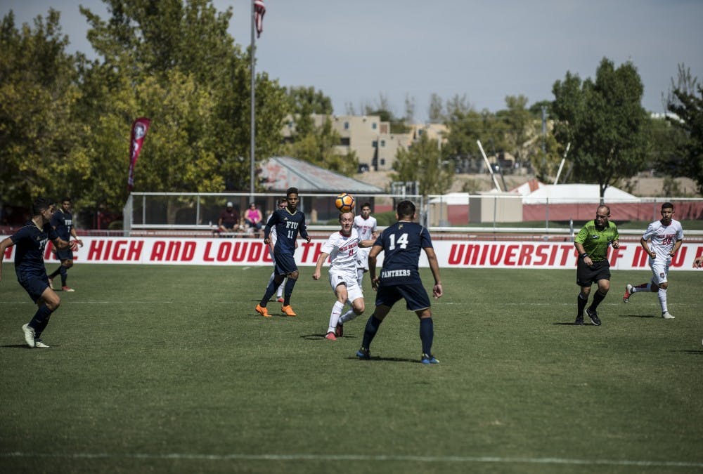 Simon Spangenberg watches the ball during the second half of Sunday’s game against Florida International University. The Lobos lost 4-2.