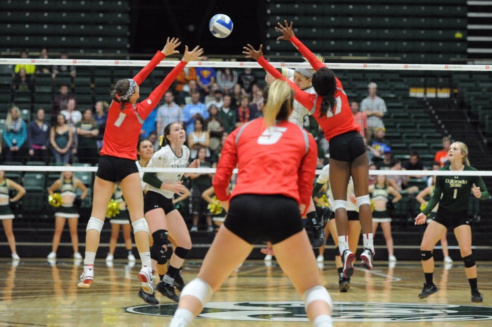 Devanne Sours (1) and Skye Gullatt (17) leap into the air to block a shot by a CSU player during their game Thursday October 8, 2015. The Lobos lost 0-3 to CSU.(Cisco Mora/Colorado State University)