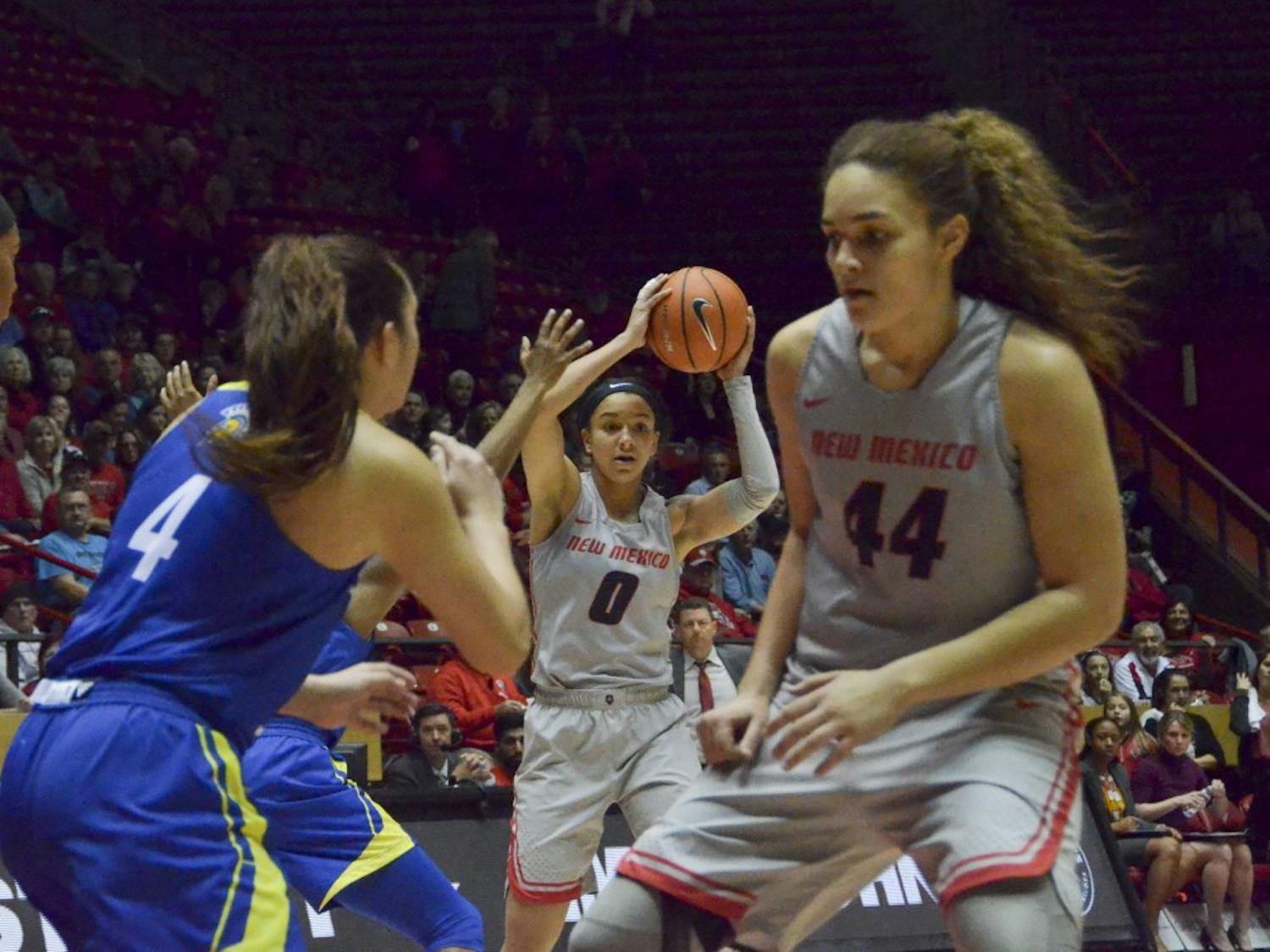 Cherise Beynon sets up a pass during the UNM Woman's Basketball game against San Jose State on Feb. 3, 2018. &nbsp;UNM took the victory in a landslide win 92-62.&nbsp;