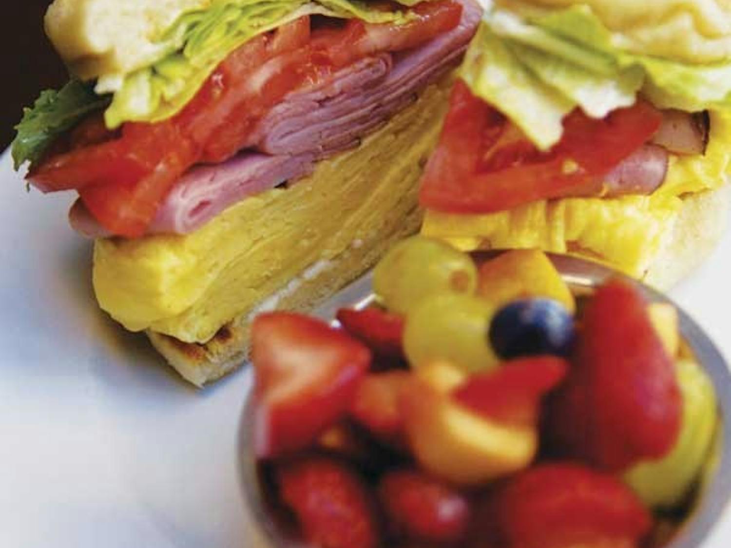 The Grove Cafe offers a breakfast ham sandwich on a homemade English muffin. 