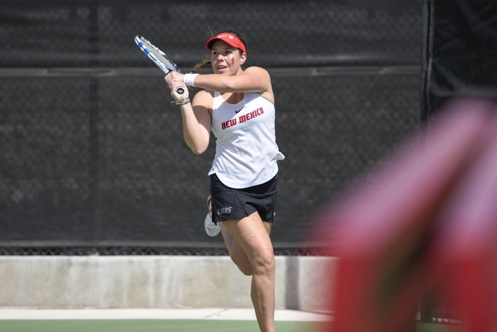 Ruth Copas serves against New Mexico State&nbsp;on March 25, 2017 at the McKinnon Family Tennis Center. Copas will be the only upperclassman for the tennis team the next tennis season.