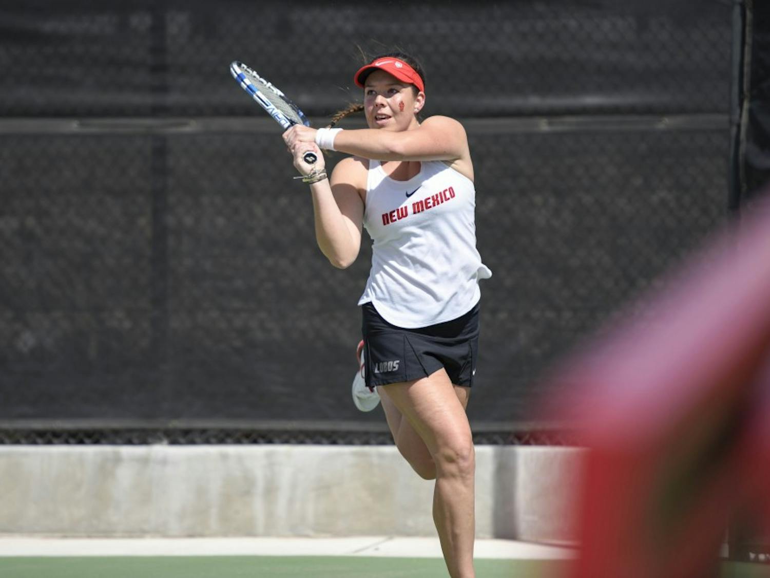 Ruth Copas serves against New Mexico State&nbsp;on March 25, 2017 at the McKinnon Family Tennis Center. Copas will be the only upperclassman for the tennis team the next tennis season.