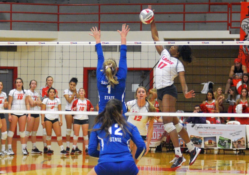Lobo senior middle blocker&nbsp;Skye Gullatt delivers a spike&nbsp;against San Jose State at Johnson Center Thursday night. The Lobos swept the Spartans&nbsp;3-0.&nbsp;