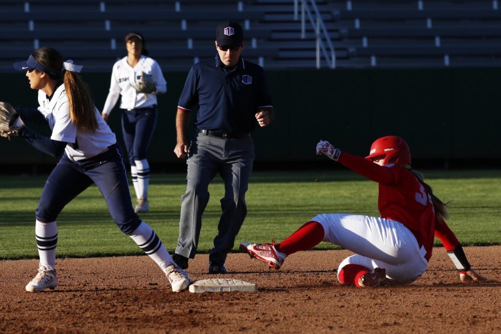 Sophomore Chelsea Johnson slides into second base at the Lobo Softball Field. The Lobos will play Fresno State this weekend in Albuquerque with their first game starting Friday at 6 p.m.