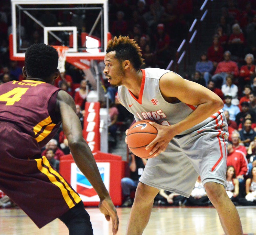 Sophomore guard Xavier Adams seeks out an open teammate while playing Loyola University at WisePies Arena Nov. 18. The Lobos play Nicholls State Wednesday Nov. 25 at WisePies Arena.&nbsp;&nbsp;