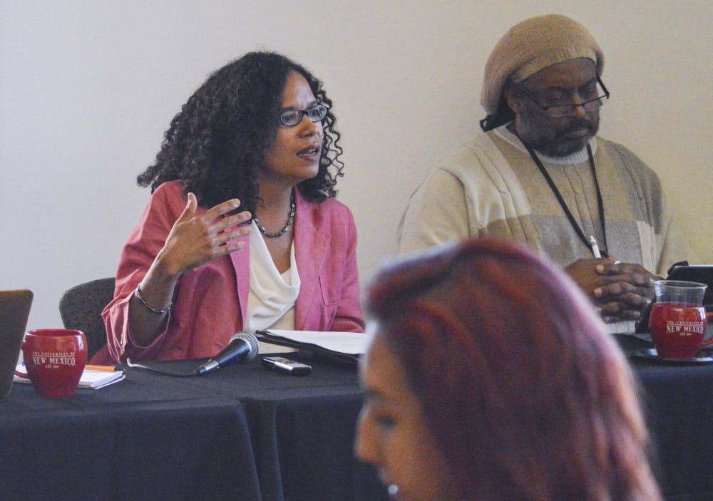 Panelist Dr. Nancy Lopez, left, speaks during the “Exclusion Masked as Excellence” seminar in the SUB Santa Ana A&amp;B on Tuesday afternoon. Panelists at the seminar discussed their disapproval of raising the high school GPA requirement from 2.5 to 2.75.
