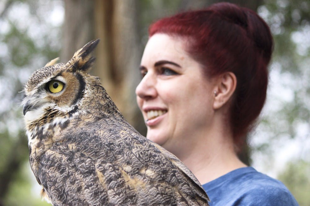 Tracy Birtel holds a Grey Horned Owl at Sunday’s event. Birtel and her colleagues are part of Wildlife Rescue of New Mexico, which helps rescue and rehabilitate injured animals before returning them to the wild.