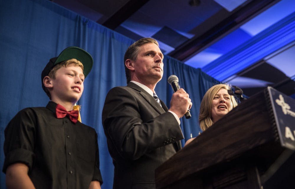 Martin Heinrich delivers his victory speech at Hotel Albuquerque on Tuesday night in Albuquerque. Heinrich won a second term in the U.S. Senate, defeating Mick Rich and Gary Johnson.&nbsp;