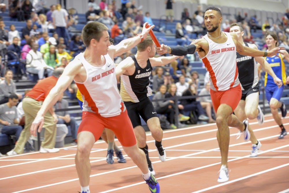 Cheyne Dorsey (right) passes the baton to Chris Kline (left) during the men’s 4x400 relay Saturday at the Don Kirby Invitational. The Lobos are off next week and will compete in the Mountain West Indoor Championships Feb. 25.