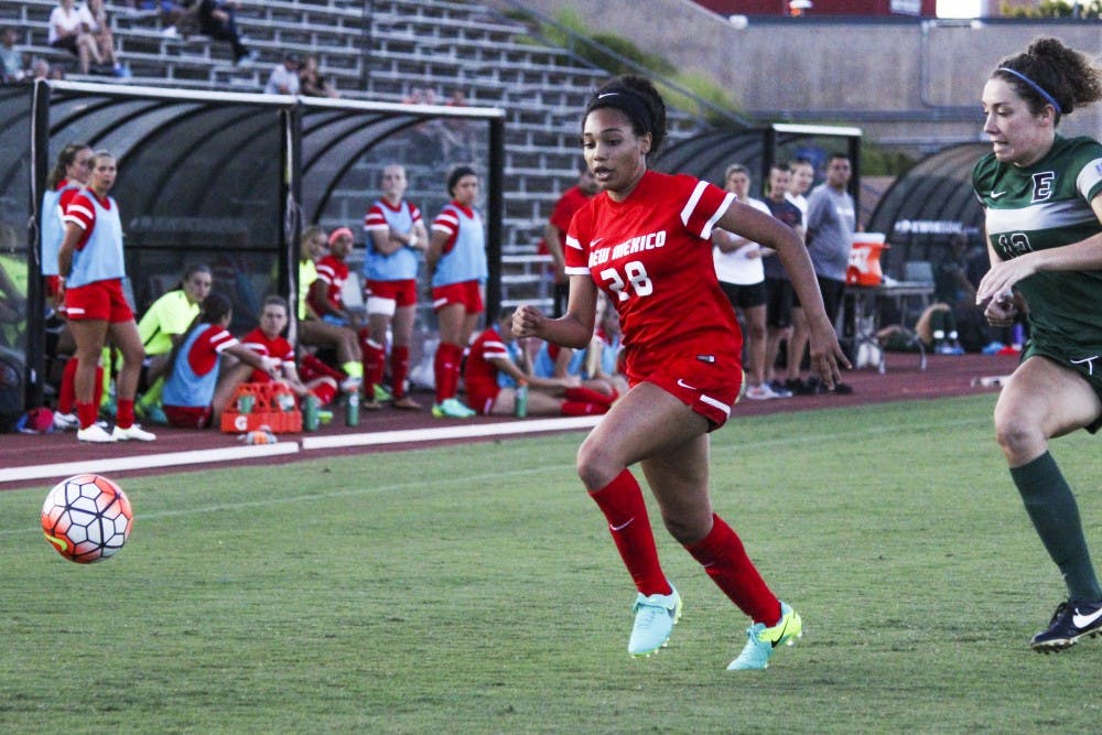 Freshman defender Avadney Osbourne chases down the ball on Sunday, Aug. 14, 2016 at the UNM Soccer Complex. The Lobos and the Aggies will compete this Friday at 7 p.m.