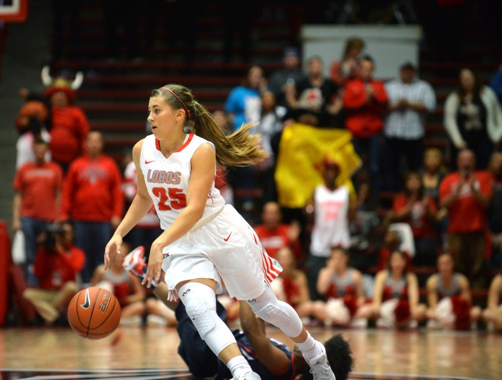 Sophomore guard Laneah Bryan dribbles down court past a fallen Fresno State player Saturday, Jan. 2, 2015 at WisePies Arena. The Lobos will play UNLV this Wednesday at 7 p.m. in WisePies Arena. 