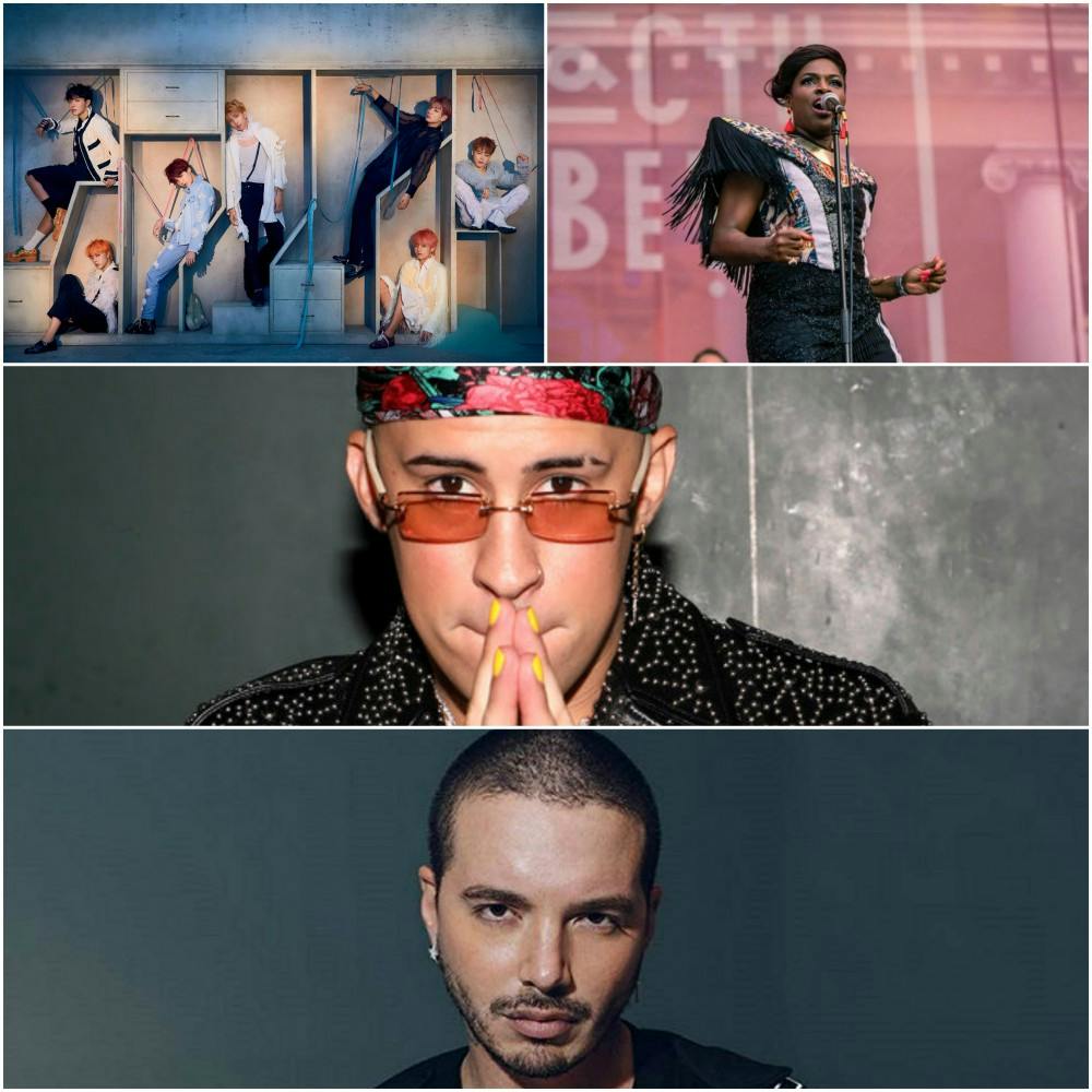 Collage includes international artists like BTS, Ibibio Sound Machine, J Balvin and Bad Bunny.