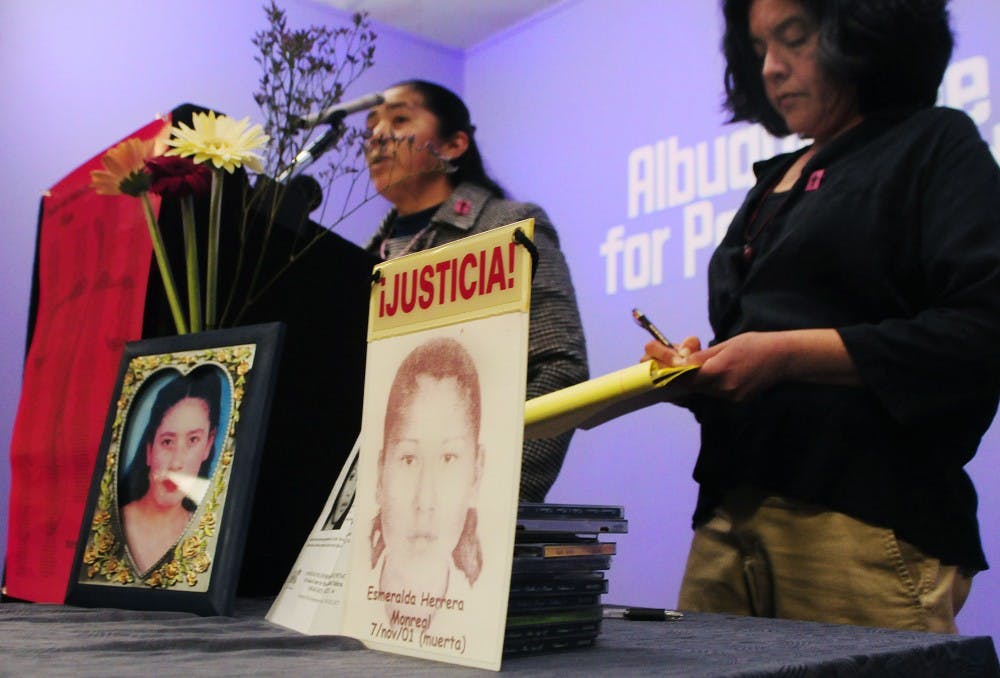 	Paula Flores Bonilla, left, speaks at the Albuquerque Peace and Justice Center on Jan. 7 about her daughter’s murder in 1998. Mothers of murdered women in Juárez and mothers of missing Albuquerque women organized a joint conference to raise awareness about unsolved female slayings in Mexico and New Mexico. 