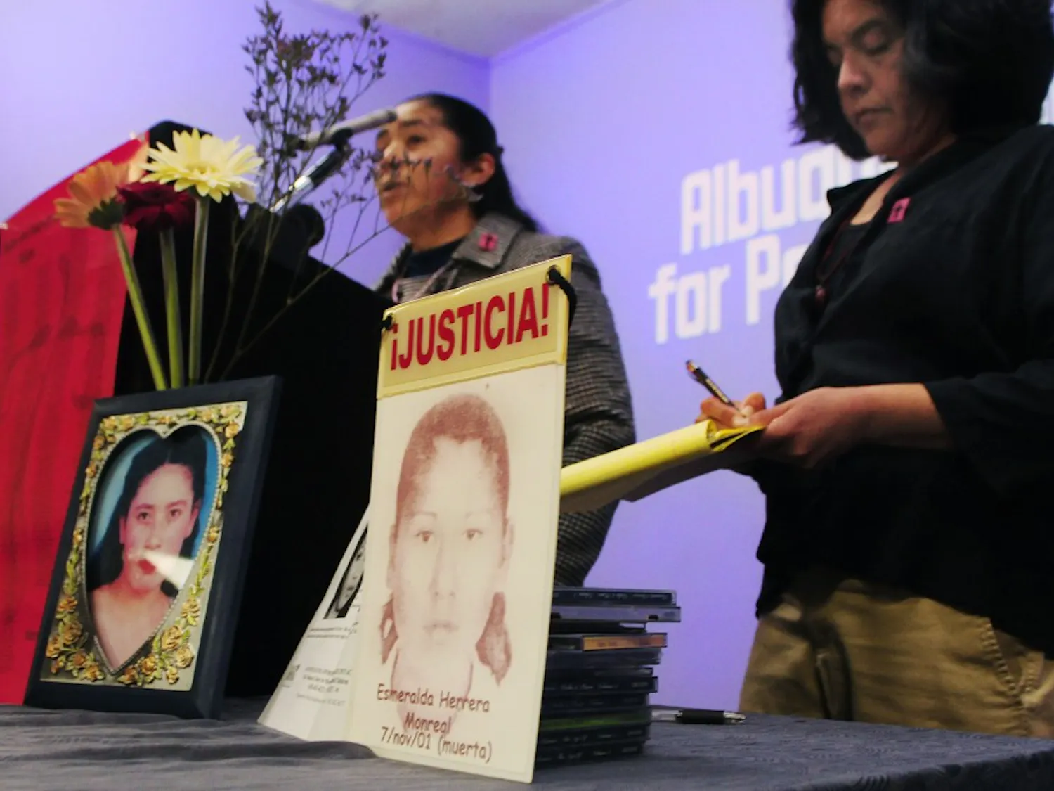 Paula Flores Bonilla, left, speaks at the Albuquerque Peace and Justice Center on Jan. 7 about her daughter’s murder in 1998. Mothers of murdered women in Juárez and mothers of missing Albuquerque women organized a joint conference to raise awareness about unsolved female slayings in Mexico and New Mexico.