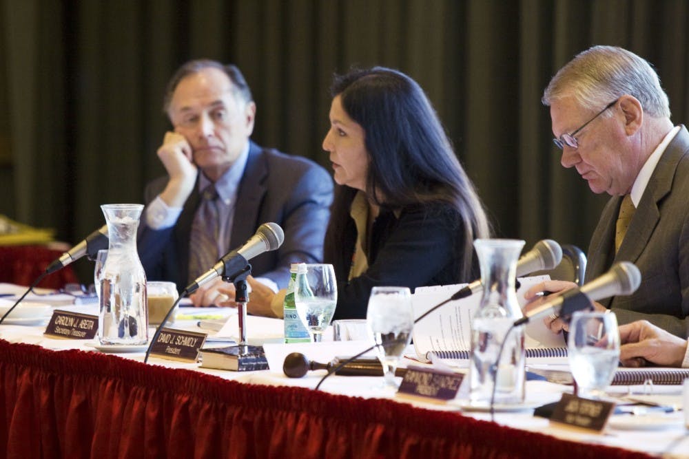 	From left: Regents Gene Gallegos and Carolyn Abeita along with President David Schmidly listen to opening remarks during Tuesday’s Board of Regents meeting in the SUB. The board decided to delay voting on the UNM Master Plan of Development to allow more input from the UNM community. 
